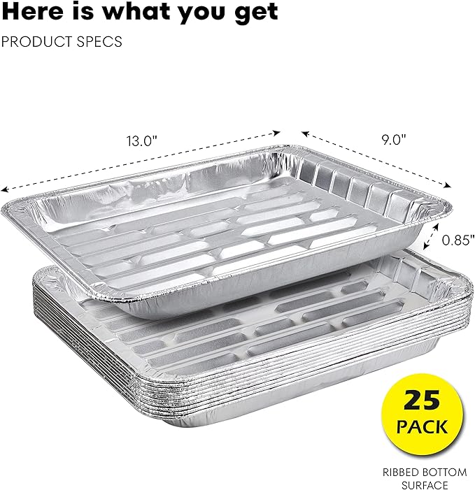 Pack of 25 Disposable Aluminum Broiler Pans – Good for BBQ, Grill Trays – Multi-Pack of Durable Aluminum Sheet Pans – Ribbed Bottom Surface - 13.40" x 9" x 0.85"