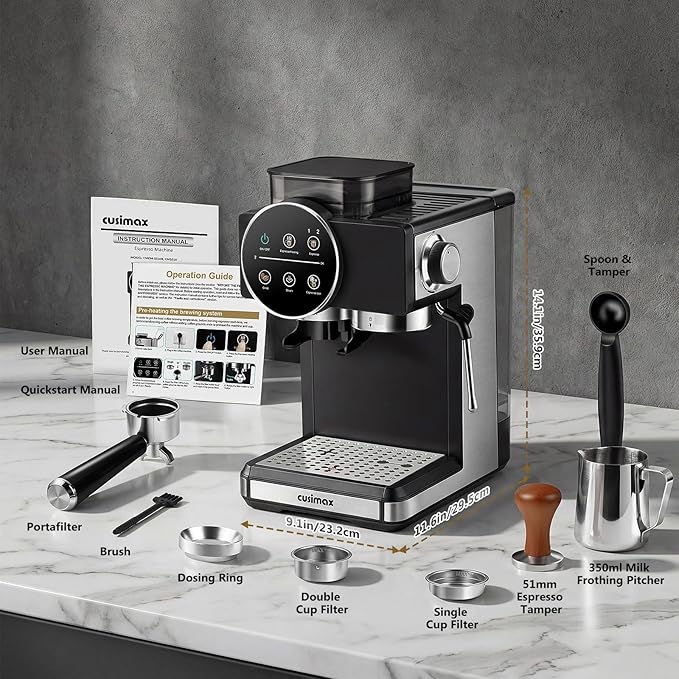 Espresso Machine with Grinder, 20 Bar Professional Expresso Coffee Machines with Milk Frother Steam Wand, Espresso Maker with 60oz Removable Water Tank, Cappuccino & Latte Machine for Home (Black-Pro)