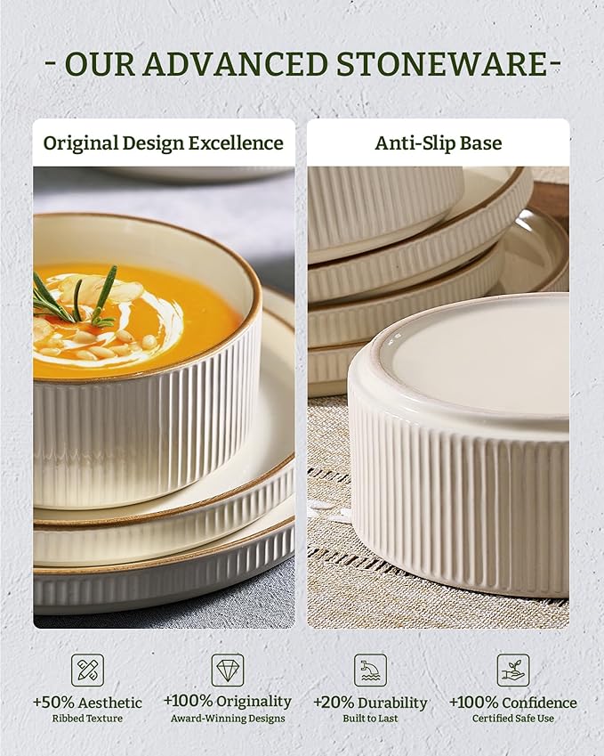 Famiware Star 24-Piece Stoneware Dinnerware Sets with Trim, Service for 8 - Ceramic Plates and Bowls Set, Ribbed Dishes with High Edge, Chip & Scratch Resistant, Microwave & Dishwasher Safe, Cream