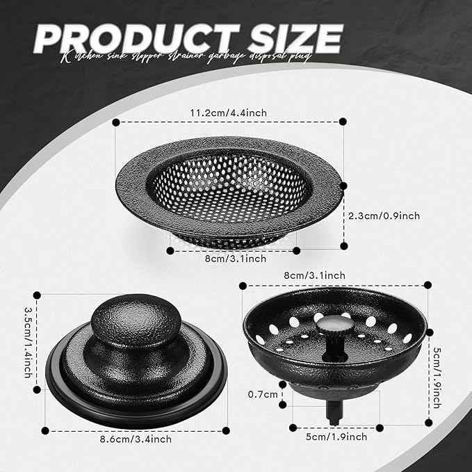 Mudder 3 Pcs Kitchen Sink Drain Strainer and Stopper Stainless Steel Garbage Disposal Plug with Handle Universal Anti-Clogging Kitchen Sink Filter Sieve Basket Strainer(Black Texture)
