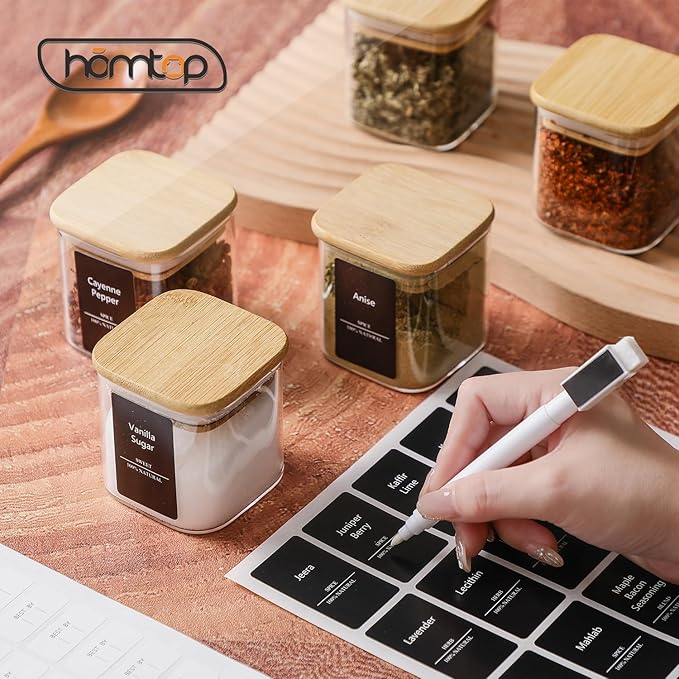 24Pcs 4oz Spice Jars with 275 Labels, Small Seasoning Glass Container Empty Organizer with Bamboo Lid Set for Pepper, Salt, Sugar