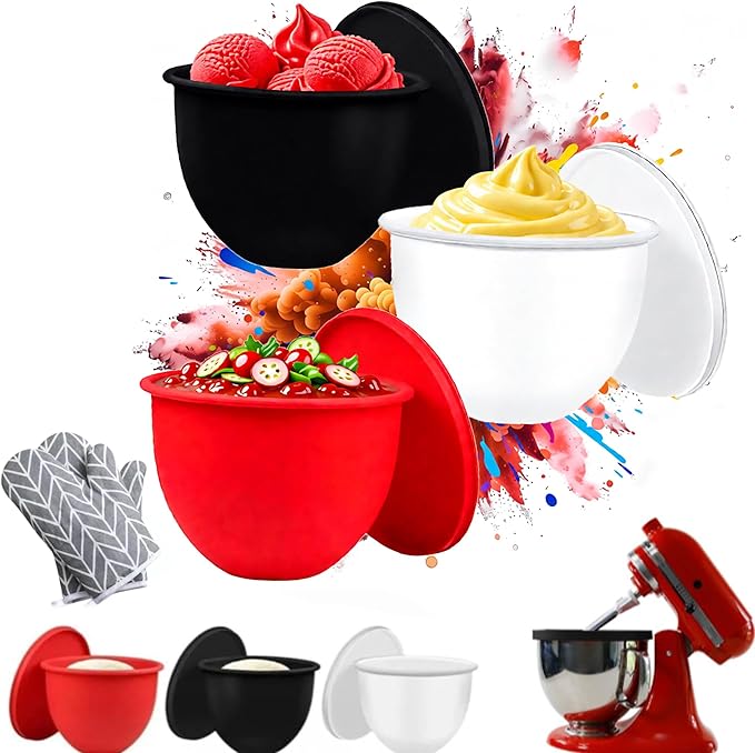 3PCS Silicone Bowl Liners with Lids,5Qt Tilt-Head Silicone Liners for Kitchenaid Stand Mixer,Odourless,Thicker, Cold/Heat-Resistant & Non-Stick, Easy Clean(Red+White+Black)(with Oven mitts)