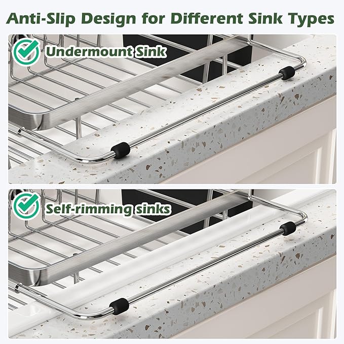 In Sink Dish Drying Rack, Expandable Over The Sink Dish Rack for Small Kitchen, Space Saving Stainless Steel Dish Drainer with Utensil Holder, 14.1"-21.2" L x 11"W, Small Plate Dryer Strainer, Silver