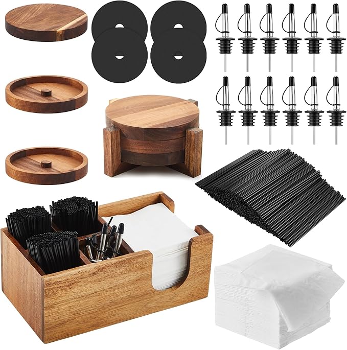 Mifoci Bar Glass Rimmer Bartender Tool with 12 Pcs Stainless Steel Classic Bottle Pourer Bar Caddy with 6 Compartment 1000 Pcs Coffee Cocktail Stirrers 200 Napkin (3 Tier,Multifunctional Acacia Wood)
