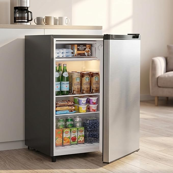 3.2 Cu.Ft Mini Fridge with Freezer, 1 Door Small Refrigerator with Adjustable Thermostat Energy-efficient Low Noise, Compact Fridge for Bedroom, Office, Dorm, Silver