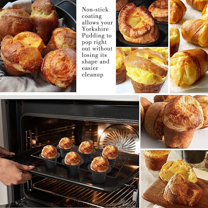 Non-Stick Popover Pan with 6 Cups, Heavy Duty Carbon Steel Yorkshire Pudding Tray, Oven Safe Baking Mold for Muffins, Canel茅, Air Fryer Compatible, Dishwasher Safe