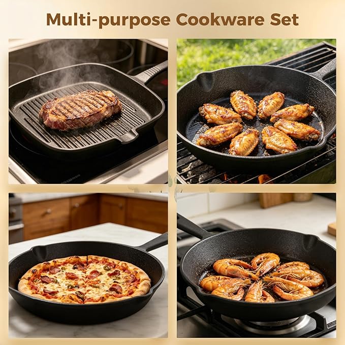 4 Pieces Cast Iron Skillet Set, Frying Pan and Grill Pan Set with Silicone Handle Covers, Non-Coated Cookware Kit for Stove Oven, Grill, Heavy Duty Kitchen Pans