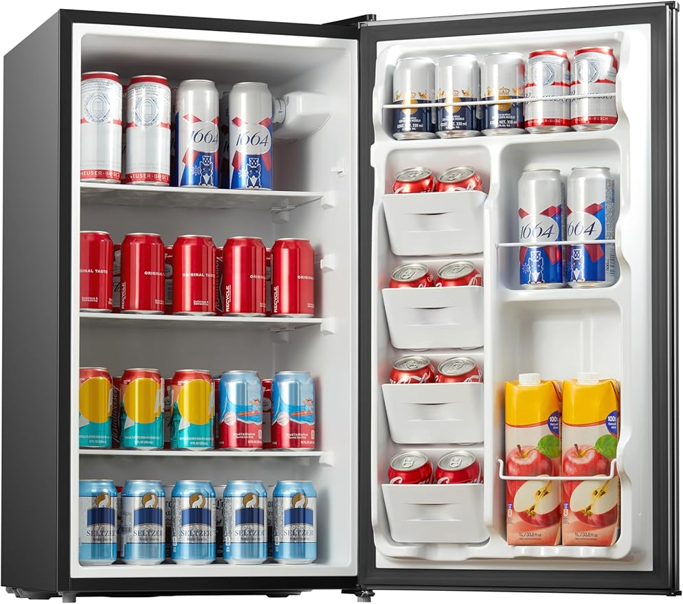 Midea MERM33S1ABB Mini Fridge, 3.3 Cu.ft Compact Fridge with Internal Light, Adjustable Thermostat, Reversible Door, Low Noise for Dorm, Office, Bedroom Black