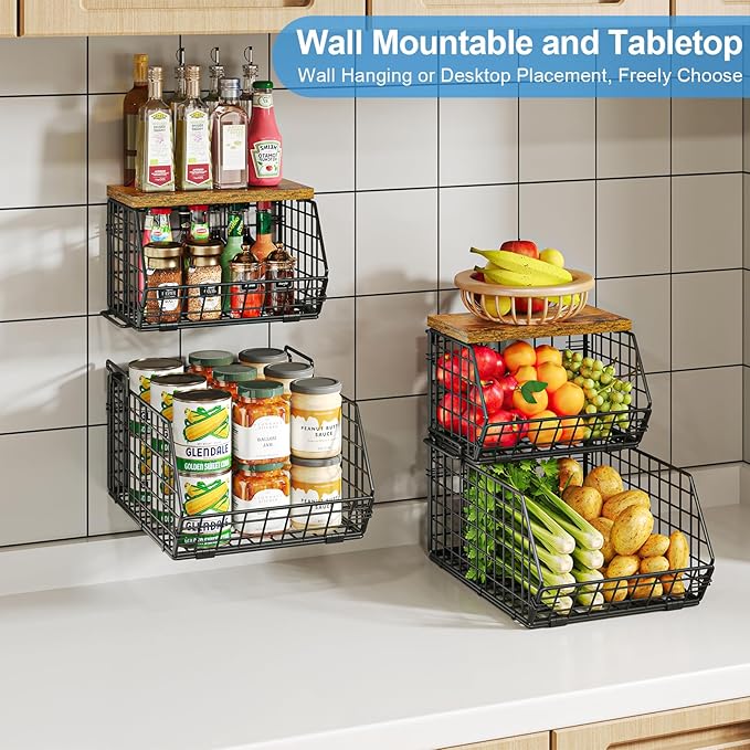 X-cosrack Stackable Wire Baskets for Counter, Fruit and Vegetable Storage, Potato and Onion Storage Bin，Kitchen Pantry Organizer - Wall Basket for Produce/Snack/Can, Large with Wood Top, Black