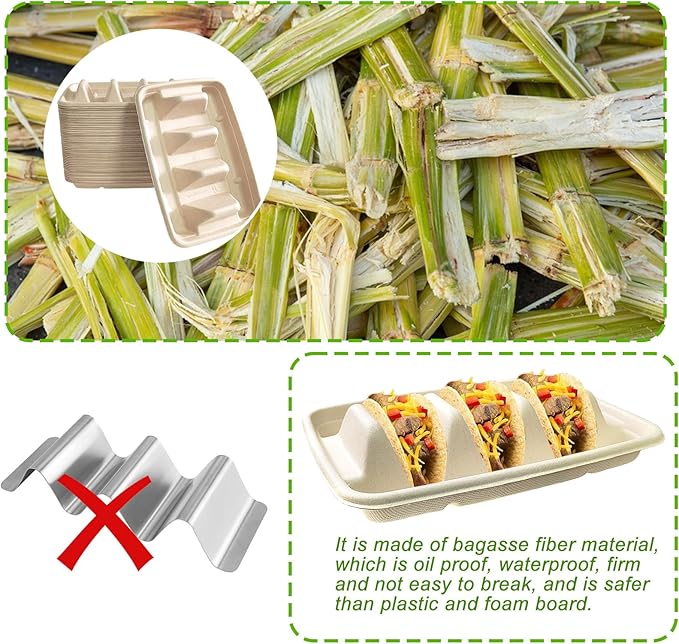 100PCS Disposable Taco Holders for Party, Pulp Fiber Plates with 3 Dividers, Lazy Susan Taco Bar