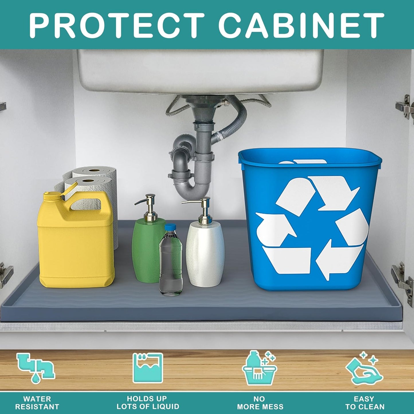 URMONA Waterproof Silicone Under Sink Mat 25'' x 19'' Shelf Liner for Kitchen and Bathroom, Cabinet and Counter Protector, Storage and Organizers, Litter Mat, Pet Cat Puppy Essentials(Black)