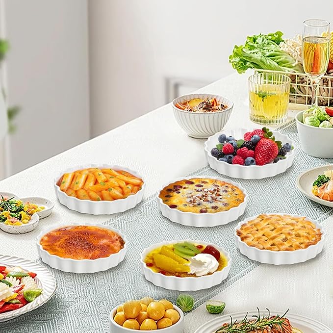 Foraineam 10 Pack 8 oz Creme Brulee Ramekins, 6 Inch Round Fluted Quiche Dishes, Porcelain Pie Pan Shallow Baking Dish Oven Safe for Baking Souffle, Apple Pie, Quiche, Tart
