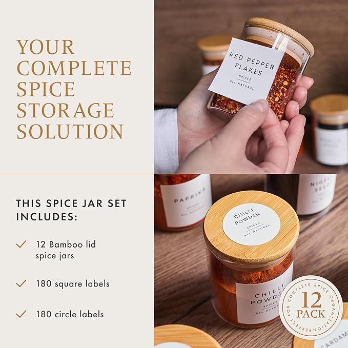 Glass Spice Jars with Labels-12 Pack- 6.8oz- 360 Labels- Spice Containers with Bamboo Lids -Spices Organization for Cabinet-Drawer-Rack-Seasoning containers-herbs- Organizer-Spices Bottles