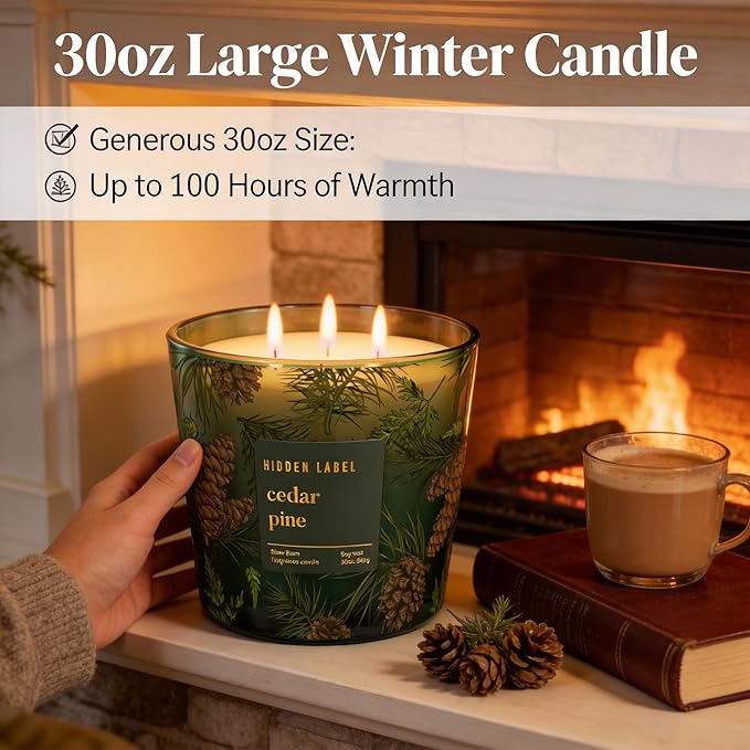 Cedar Pine Scented Candle, 30oz Natural Soy Wax, 3 Wick Large Winter Forest Candle for Home, 100+ Hours Clean Burn, Fresh Cut Christmas Tree Aroma for Holiday Decor, Stress Relief & Gifting
