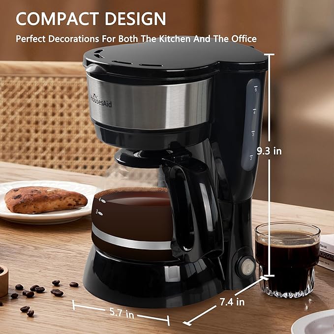 5 Cup Coffee Maker, Compact Small Coffee Machine for 1-2 People, 0.75L Glass Carafe, 2-Hour Auto Shut-Off, 650W Fast Brew, Space Saving for Apartment, Dorm & Office