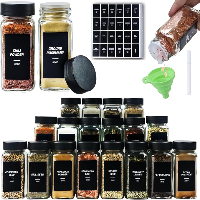 48Pcs Spice Jars Containers with Labels，4oz Black Seasoning Bottles with Shaker Lids for Rack, Cabinet, Drawer,Empty Square Condiment Pots (48, Black)