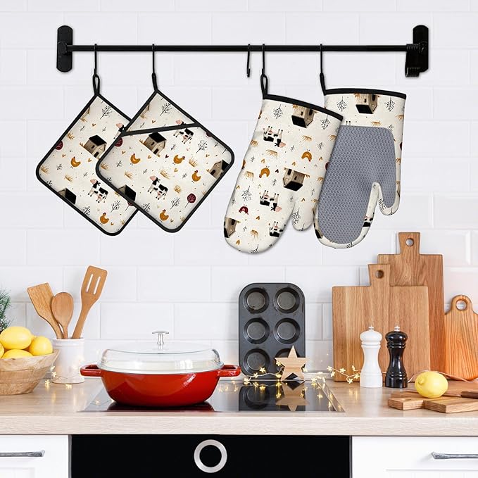 Farmhouse Chickens Oven Mitts and Pot Holders Sets 4Pcs Silicone Non-Slip Mitts Heat Resistant Gloves Hot Pads for Kitchen Cooking Baking Grilling BBQ Rooster