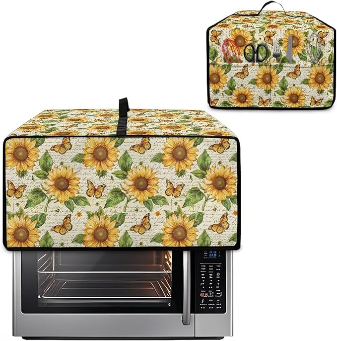 Countertop Convection Oven Cover Dust-Proof Toaster Oven Cover with Accessories Pockets, Countertop Convection Oven Protector, M, Sunflower Butterfly Retro Letter Print