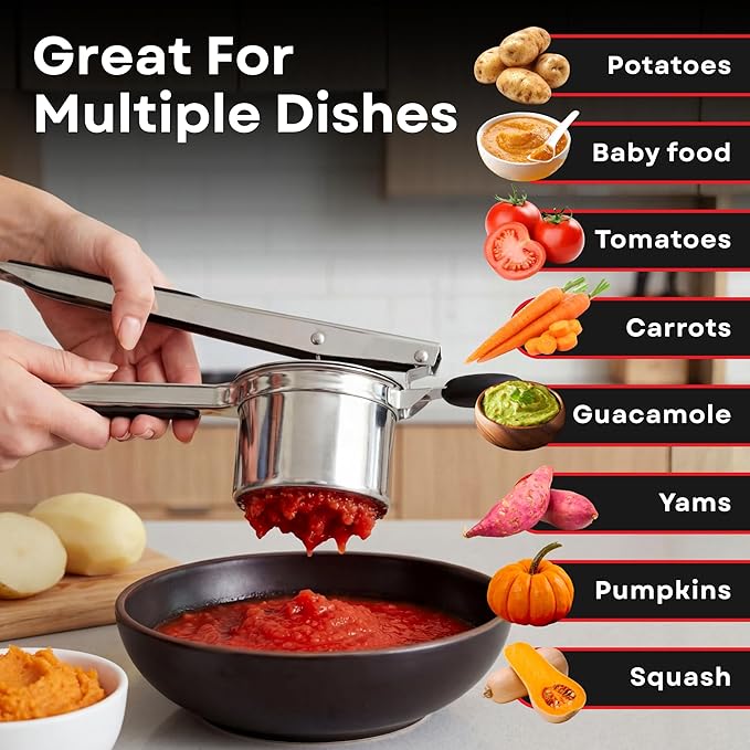 Large 15oz Potato Ricer with 3 Interchangeable Discs - Professional Stainless Steel Masher for Fluffy Mashed Potatoes, Gnocchi & Guacamole - Ergonomic Silicone Handles, Heavy Duty & Dishwasher Safe