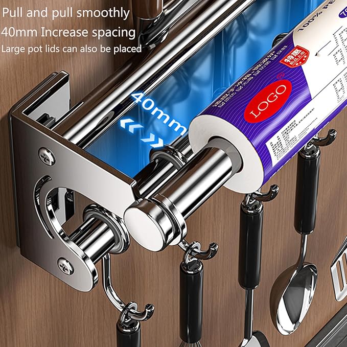 Hanging Wall Mount knife Wall Mount, Space-Saving Knife Rack with Hooks, Kitchen Organizer Storage Shelf for Utensils Spatula Spoon, Kitchen Utensil Hanger (Black, 40CM+8Hooks)