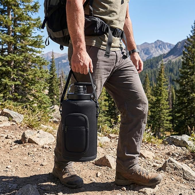 Insulated Gallon Jug with Handle, One Gallon, 128oz Stainless Steel, Large Double Vacuum Water Bottle for Cold Drinks, Wide Mouth, Sweat Proof, Carrier bag, Great for Travel, Camping, Stainless