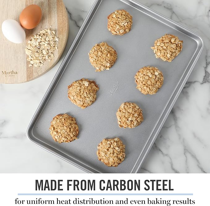 Martha Stewart Gallen 15 x 10 Inch Nonstick Carbon Steel Cookie Sheet – Silver, Durable Bakeware for Even Baking and Easy Cleanup