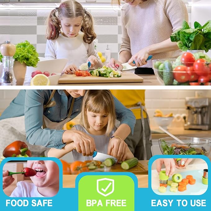 Kibbidea 13 Pcs Kids Kitchen Knife Set, Kids Cooking Sets Real with Cutting Board, Peeler, Serrated Edges Stainless Steel Toddler Safe Knife, Sandwich Cutter (Blue)