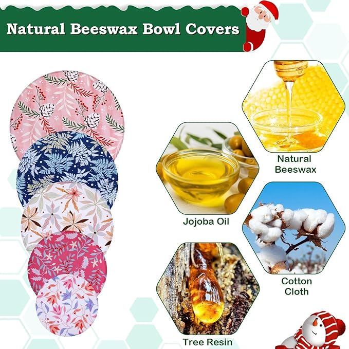 5-Size Reusable Beeswax Bowl Covers for Bread Proofing, Cotton Cloth Flexible Beeswax Wraps for Food Storage (Pinecones)