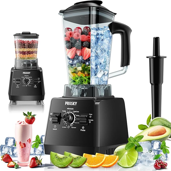 Blenders for Kitchen, Smoothie Blender, 2400W/1000W Prasky Blender & Grinder Combo, 25,000 RPM High Speed, 68oz BPA-Free Food Processor, Countertop Blender for Smoothies, Shakes & Food (Black, 2L)