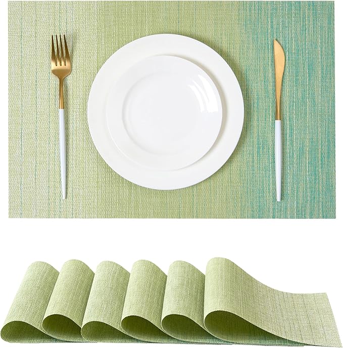 Leetaltree Gradient Green Woven Placemats Set of 6 - Heat Resistant Non-Slip Place mats for Dining Table, Washable Durable PVC Vinyl Woven Table Mats(Gradient Green, 6)