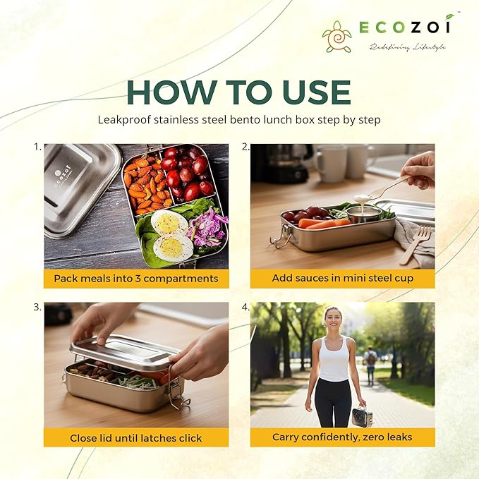 ecozoi Stainless Steel Lunch Box, 1-Tier Metal Bento Box Leak Proof with 5 Compartments, 50 Oz Metal Lunch Container, Meal Prep Food Container, with 50 ml Sauce Container