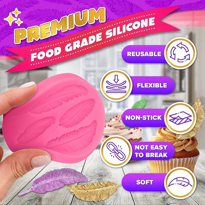 Feather Mold Silicone – Feather Chocolate Mold – 0.3" Thick Pink 3D Design, Different Sizes of Feathers, Easy to Use, Flexible & Reusable, Works with Various Materials | for Pastry Cake Decorations