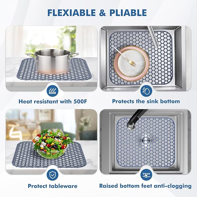 Bestjing Silicone Kitchen Sink Protector Mat 13.7"x 11.7" - Kitchen Sink Grid Accessory, Non-Slip Heat Resistant Grid Dry Mat for Bottom of Porcelain Stainless Steel, Dishwasher Safe