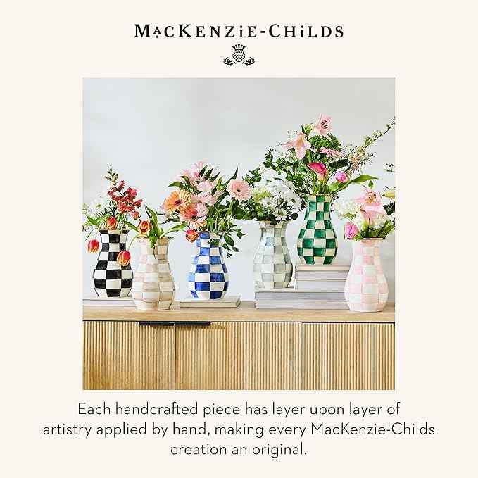 MACKENZIE-CHILDS Tall Enamel Vase, Unique Flower Vase, Bouquet Vase Decor for Living Room, Pink-and-White Rosy Check