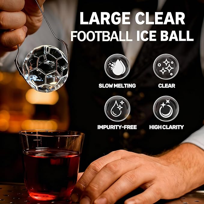 Clear Football Ice Ball Maker - Premium Silicone Mold Makes 2.5" Clear Ice Spheres for Whiskey & Cocktails,for Home Bar, Sports Fans & Entertaining