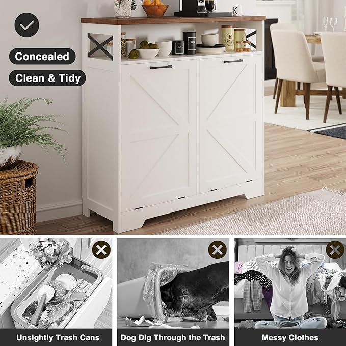 Double Tilt Out Trash Can Cabinet for 13*2 Gallon Garbage Can, Farmhouse Kitchen Garbage Trash Bin for Hidden Laundry Basket, Dual Dog Proof Recycling Cabinet for Bathroom, Living Room, White