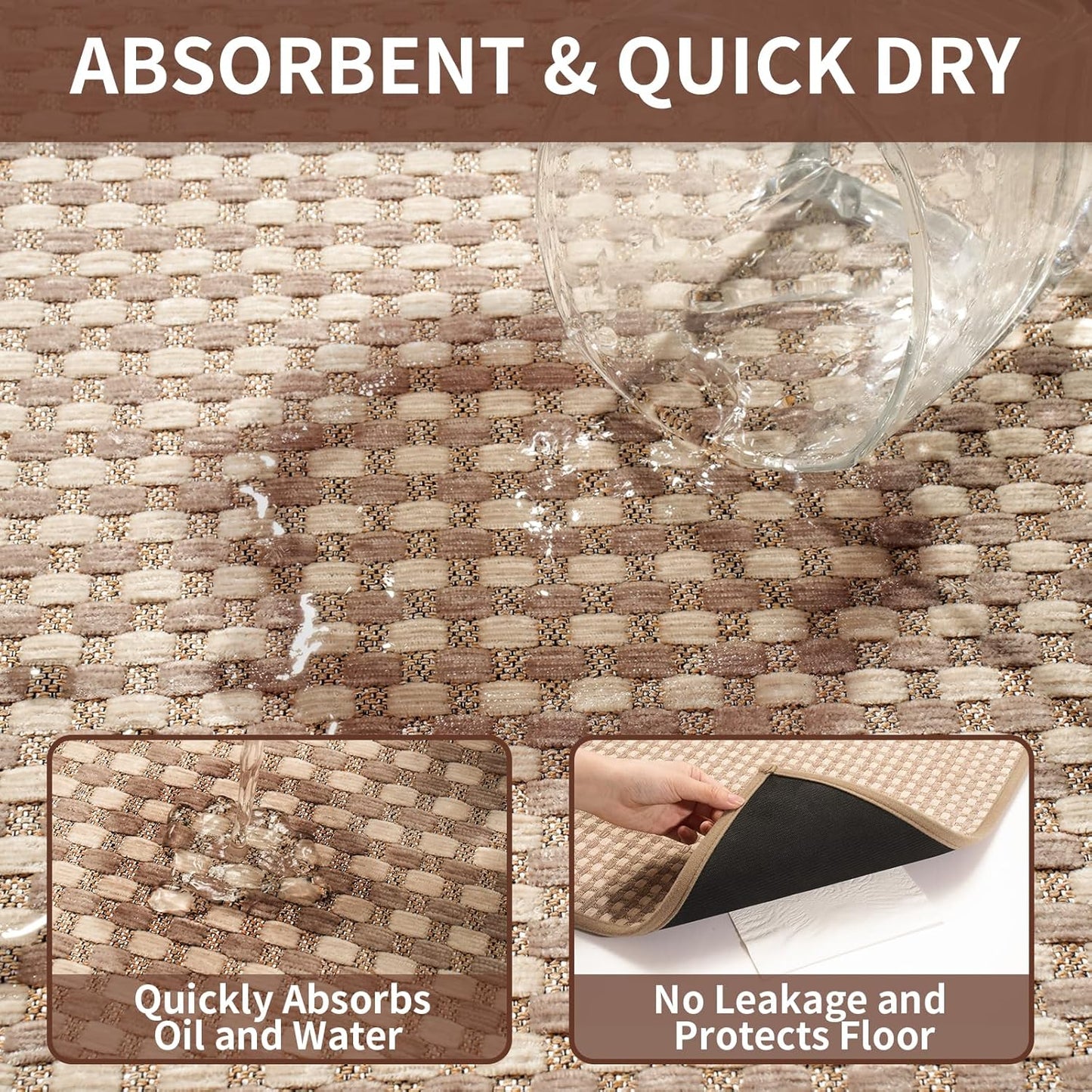Kitchen Mats for Floor, Super Absorbent Kitchen Rugs Non Slip Washable, Rubber Backing Soft Chenille Braided Kitchen Floor Mat Standing Mat Sink Mat, Easy to Clean, Brown 17"x28"