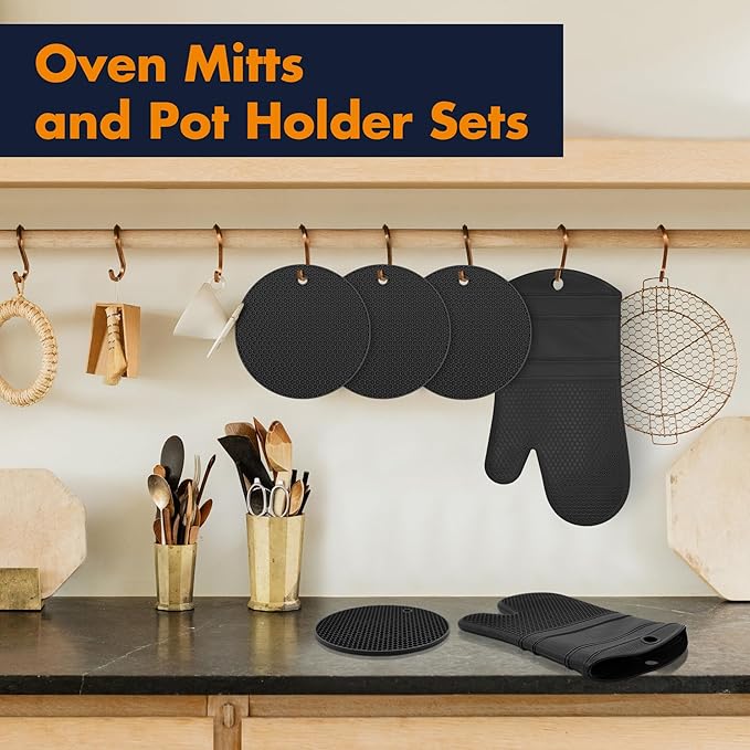 6 Pack Oven Mitts and Pot Holders Sets,Silicone Oven Mitts &Hot Pads,Long Cooking Gloves,Kitchen Trivet Mats,Kitchen Home Essentials,12.9" Mitts 7" Trivets (1*Pair Black Oven Mitts+4*Trivet)