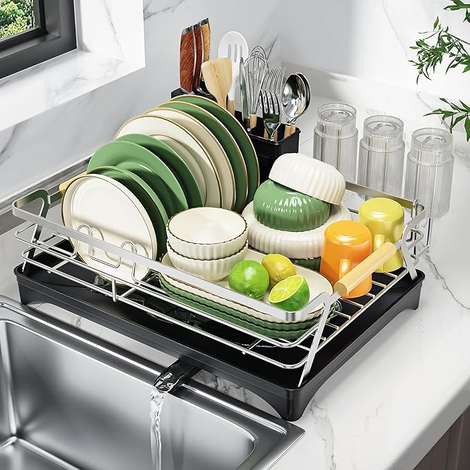 Epicano Dish Drying Rack for Kitchen Counter,Space-Saving Dish Rack,Rustproof Dish Drainer with Utensil Holder and Knife Slots for Sink,Kitchen Drying Rack with Wooden Handle and Cup Holder, Silver