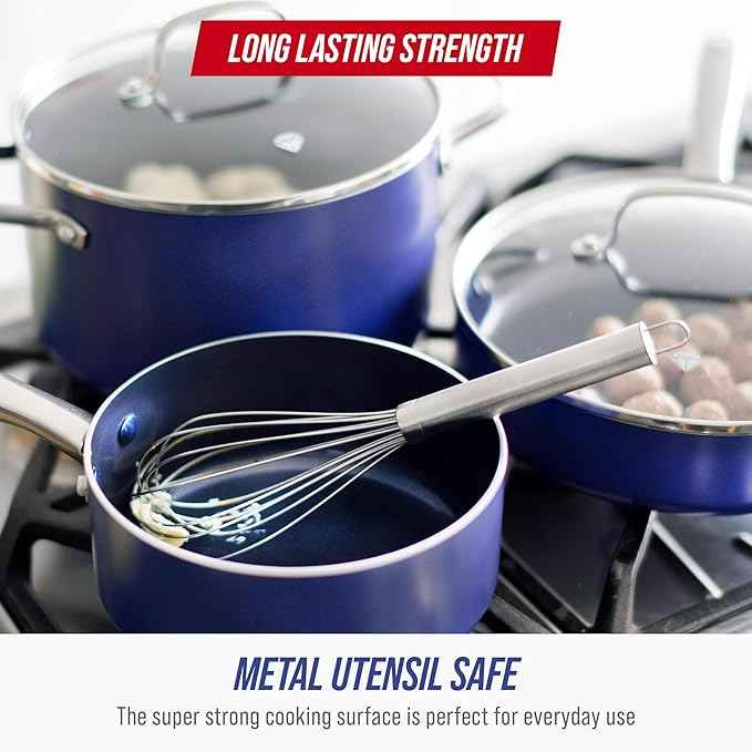 Blue Diamond 10 Piece Nonstick Cookware Set, Diamond Ceramic Pots & Pans, Dishwasher & Metal Utensil Safe, Non Toxic PFAS-Free, Kitchen Cooking Sauce & Saute Pans, Oven & Broiler to 600F, Blue