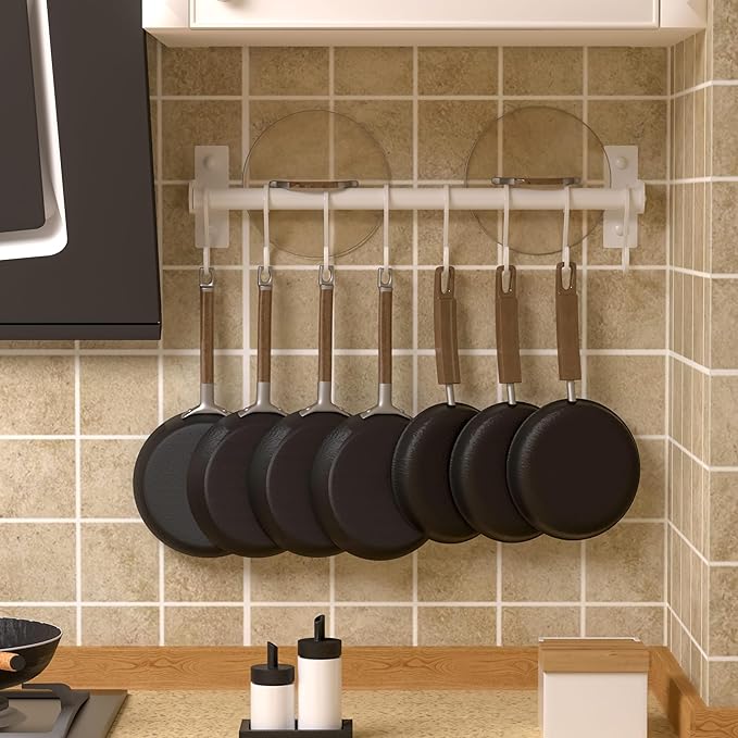 Dseap Kitchen Utensil Holder Hanger, Pot and Pan Rack Wall Mounted, Kitchen Rail with 8 Hooks for Hanging Cooking Utensils, Mugs, Spoons, Wall Mounted, White, Pack of 2
