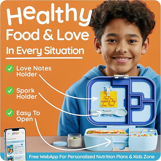 YOOPI Lunch Boxes for Kids–Toddler Bento Box with 4 Leakproof Compartment Food Bentobox Container,Lunch Box for School with Lunchbox Containers, Lightweight Sandwich Box & Snack Box (Light Blue)