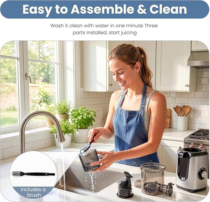 DUMOS Masticating Juicer Machines, Cold Press Juicer with 4.25" Wide Feed Chute, High Juice Yield for Whole Vegetables & Fruits, Easy to Clean, Silver