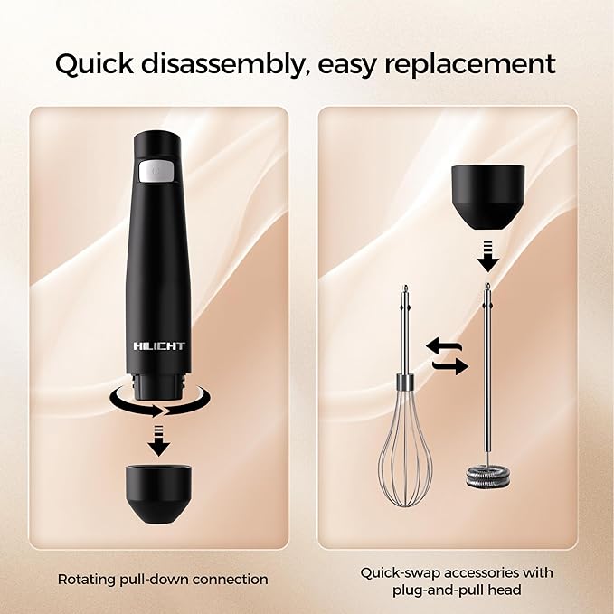 Cordless Hand Blender, 12V Rechargeable Immersion Blender with Brushless Motor, 60+ Bowls per Charge, 2-Blade, Auto Lock, Whisk & Frother for Soup, Smoothies, Baby Food