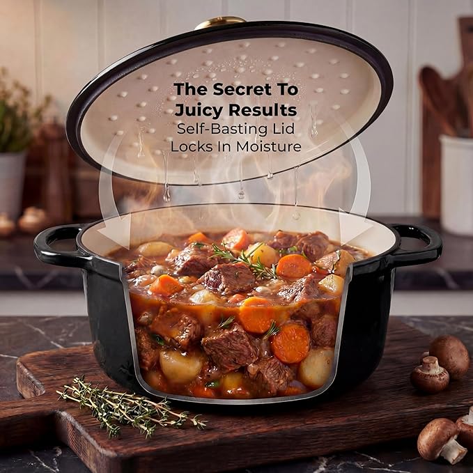 Zulay Kitchen 6 Quart Enameled Cast Iron Dutch Oven Pot with Lid – Premium Durability & Oven Safe up to 500°F – Heavy Duty Cookware Perfect for Bread Baking, Stews, Braising & Roasting - Black