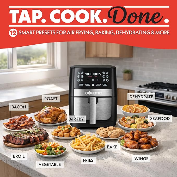 Gourmia 8 Qt Digital Air Fryer GAF826 – XL Capacity with 12 One-Touch Presets, Nonstick Dishwasher Safe Basket, Oil-Free Cooking, ETL-Certified, Sleek Black Finish