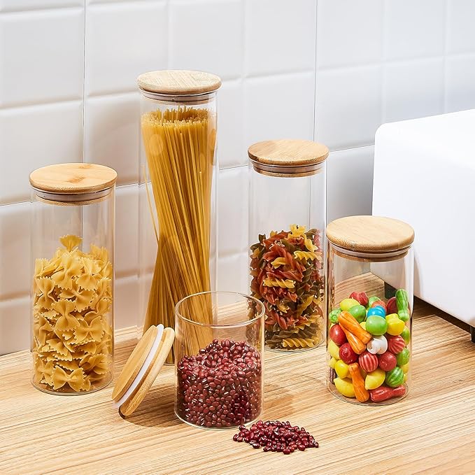 SHOWIN 17oz Glass Food Storage Jars, Glass Jars with Bamboo Lids, Kitchen Storage Jars, Set of 12, Canisters with Airtight Lids for Spice, Coffee, Cookie, Pantry Organizers