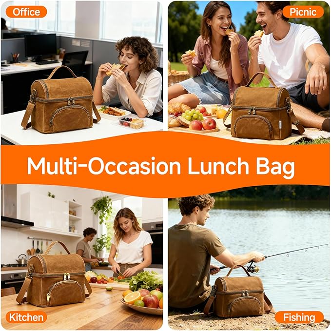 Lunch Box with Ice Packs, Waxed Canvas Lunch Bag for Men, 10.5L Leakproof Insulated Lunch Cooler for Men Work, Dual Compartment Soft Cooler for Work, Camping, Beach & Road Trips