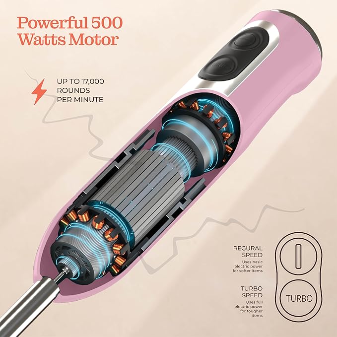Powerful Immersion Blender, Electric Hand Blender 500 Watt with Turbo Mode, Detachable Base. Handheld Kitchen Blender Stick for Soup, Smoothie, Puree, Baby Food, 304 Stainless Steel Blades (Pink)