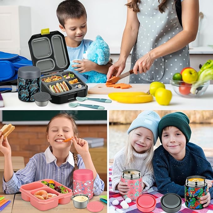 Itslife Bento Lunch Box Set for Kids with 12oz Soup Thermo&Lunch Bag, Leak-Proof Lunch Food Containers for Kids School, 5 Compartment, Sauce Cup, 10 Notes (Unicorn Pink)